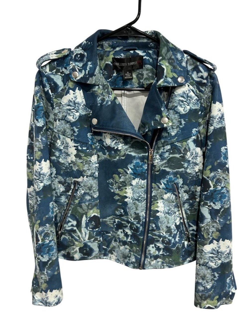 Colleen Lopez XS Floral Moto Jacket Blue Green Asymmetrical Zip Gardencore Bold